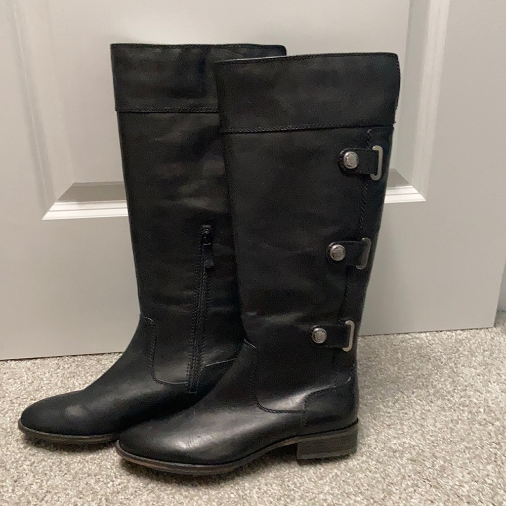 Arturo Chiang black leather riding type boots with buckle detail up outsides.9.5
